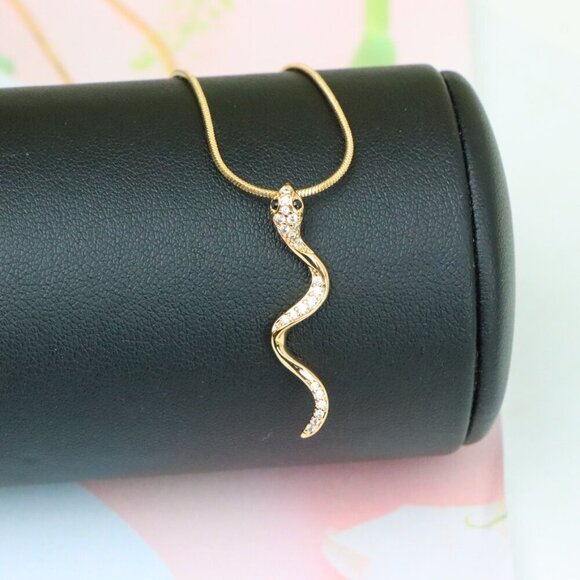 "Slim Rose Gold Snake Pendant with Crystal Detailing, XPPT1275 - Picture 6 of 13